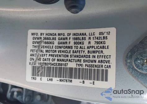 2012 Honda Civic Lx z USA, uszkodzony, nr VIN 19XFB2F54CE359107